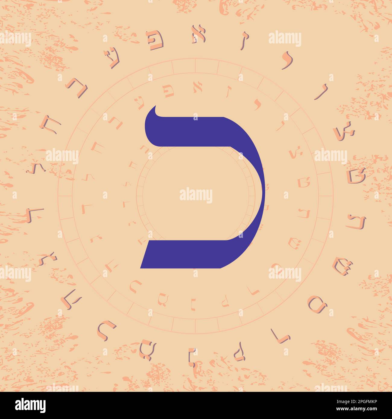 Vector illustration of the Hebrew alphabet in circular design. Hebrew letter called Kaph large and blue. Stock Vector