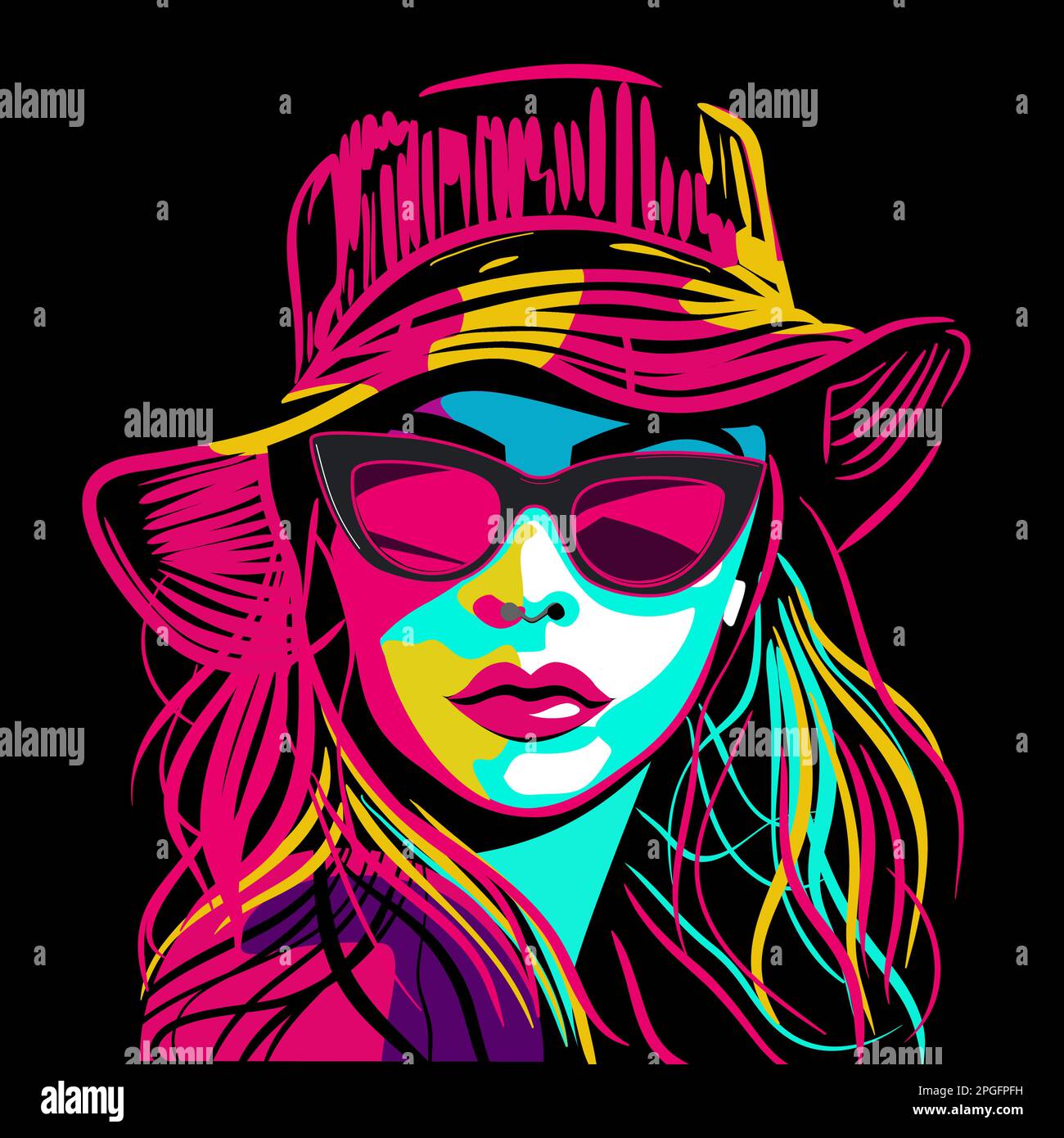 Fashion girl with hat and sunglasses in pop art technique vector