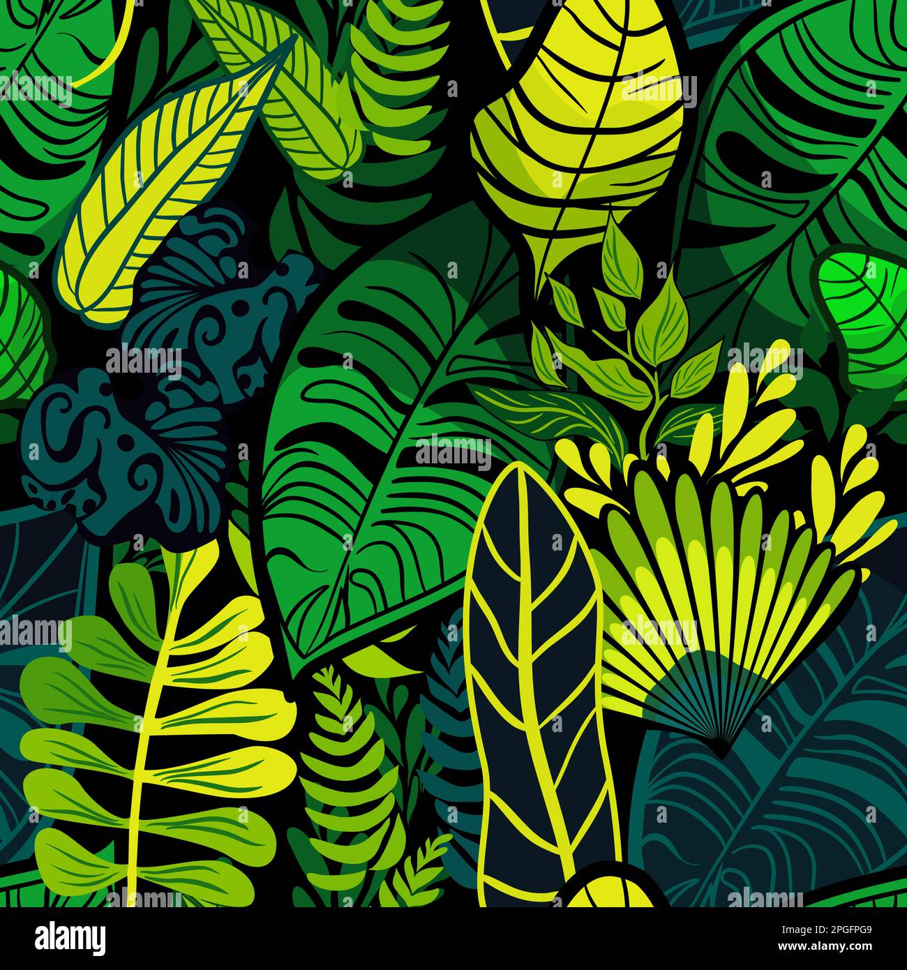 Seamless tropical rainforest pattern with green leaves and lianas