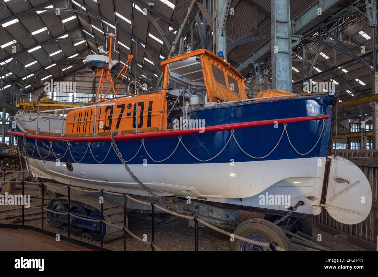 An Oakley Class lifeboat (37-01) 'JG Graves of Sheffield' in the RNLI Historic Lifeboat Collection, Historic Dockyard Chatham, Kent, UK. Stock Photo