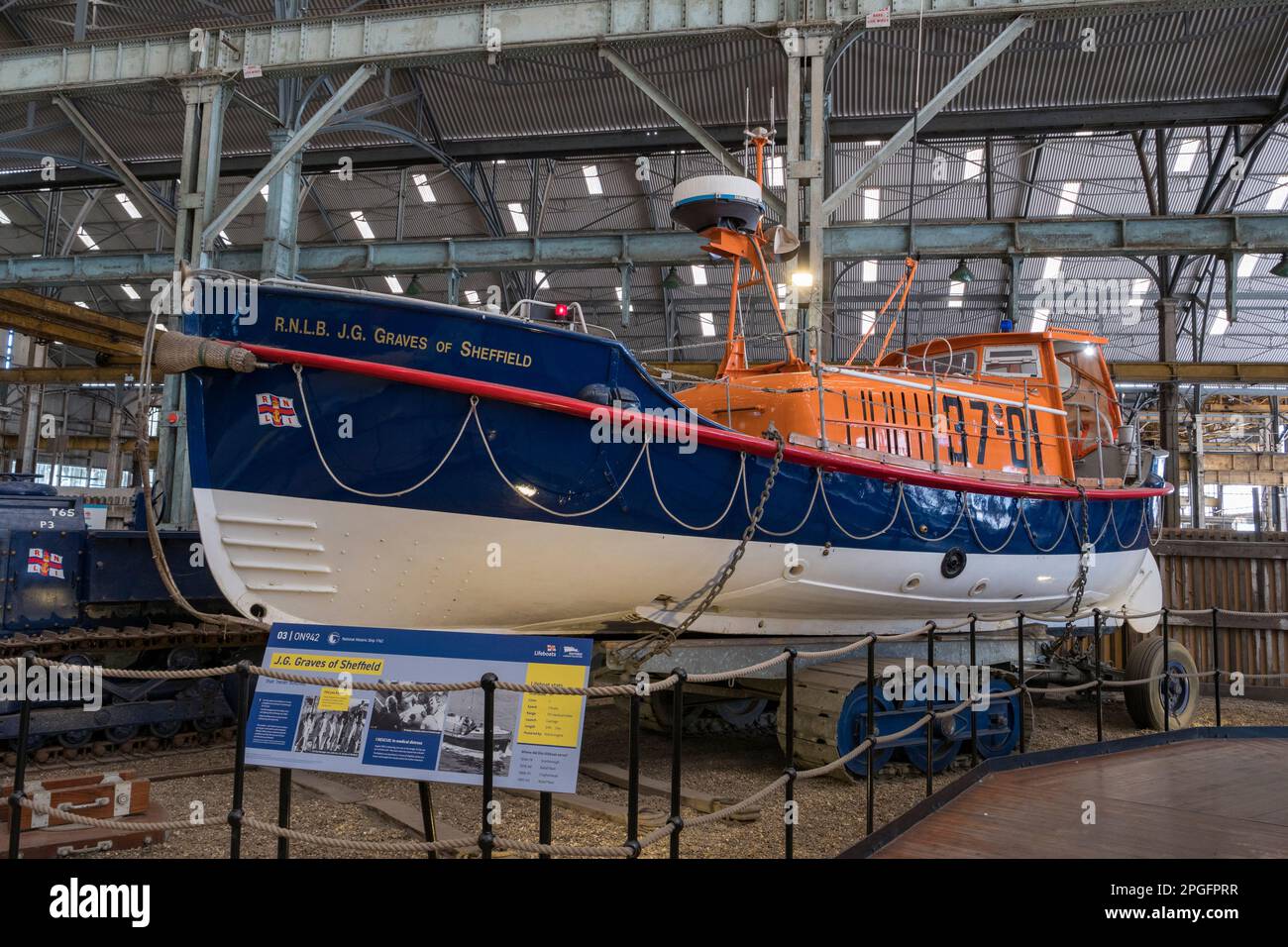 An Oakley Class lifeboat (37-01) 'JG Graves of Sheffield' in the RNLI Historic Lifeboat Collection, Historic Dockyard Chatham, Kent, UK. Stock Photo