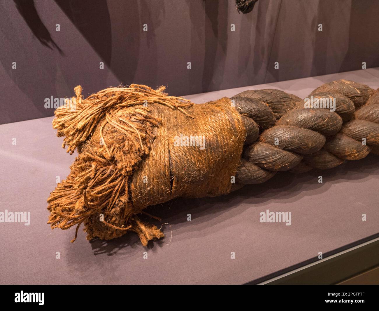 A section of early 20th century anchor cable from HMS Victory on display in the Ropery Gallery, Historic Dockyard Chatham, Kent, UK. Stock Photo