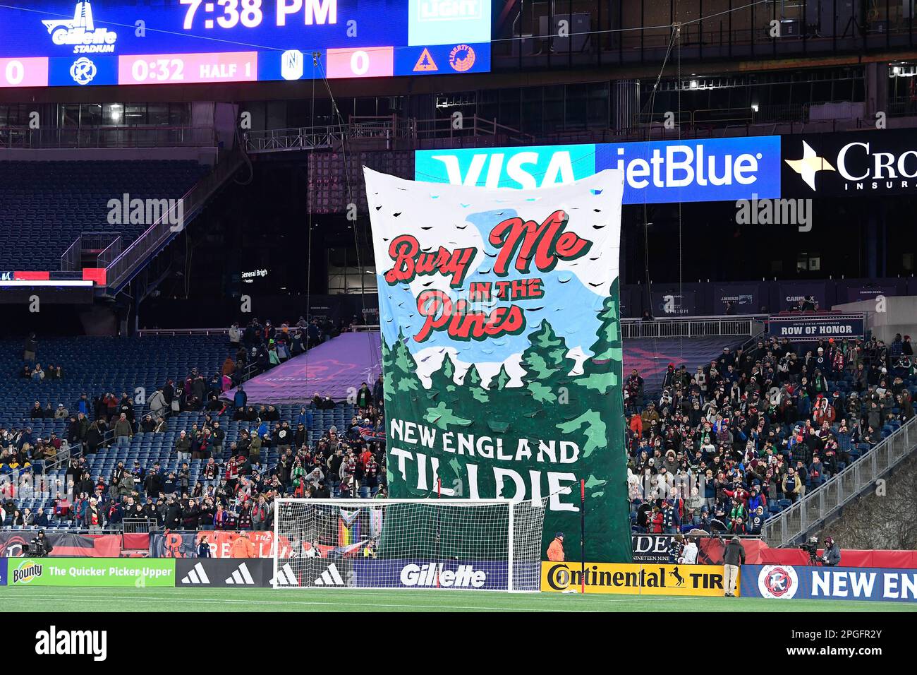Foxborough Massachusetts, USA. 18th Mar, 2023. A tifo is raised before a game between the New England Revolution and the Nashville SC in Foxborough Massachusetts. Eric Canha/CSM/Alamy Live News Stock Photo