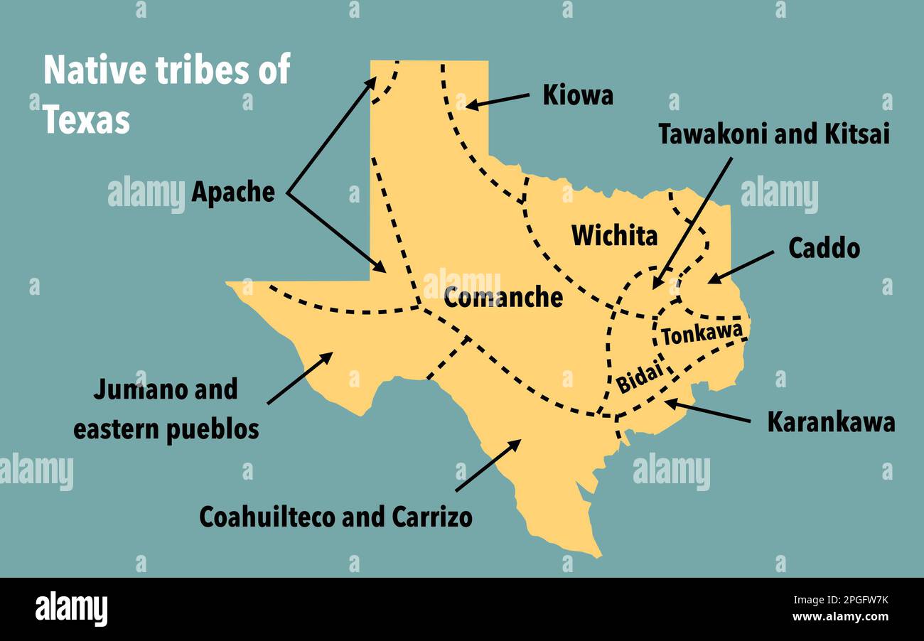 Map with the territories of the the native Indian tribes of Texas Stock Photo