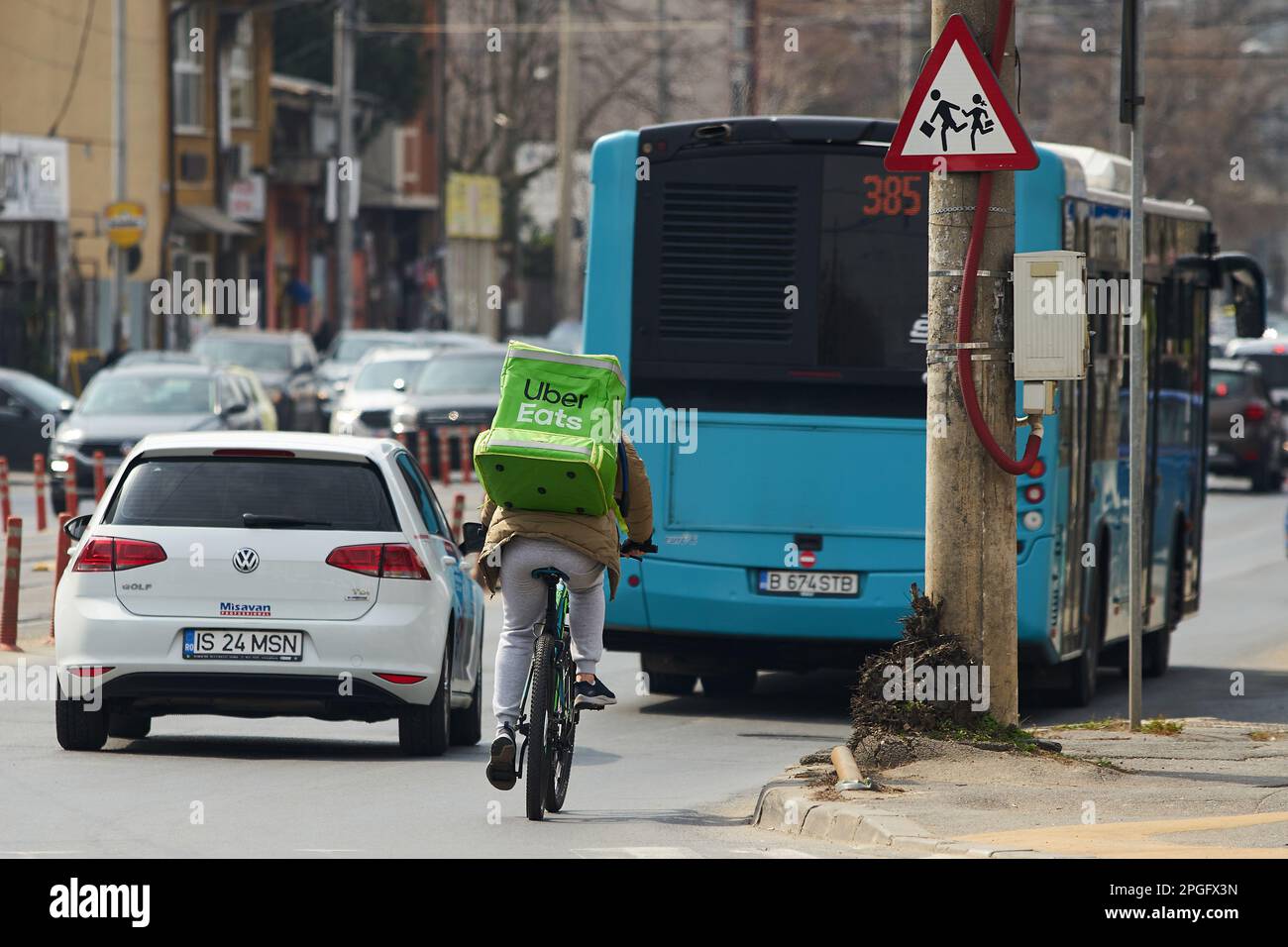 Bucharest, Romania March 21, 2023 An Uber Eats food delivery courier
