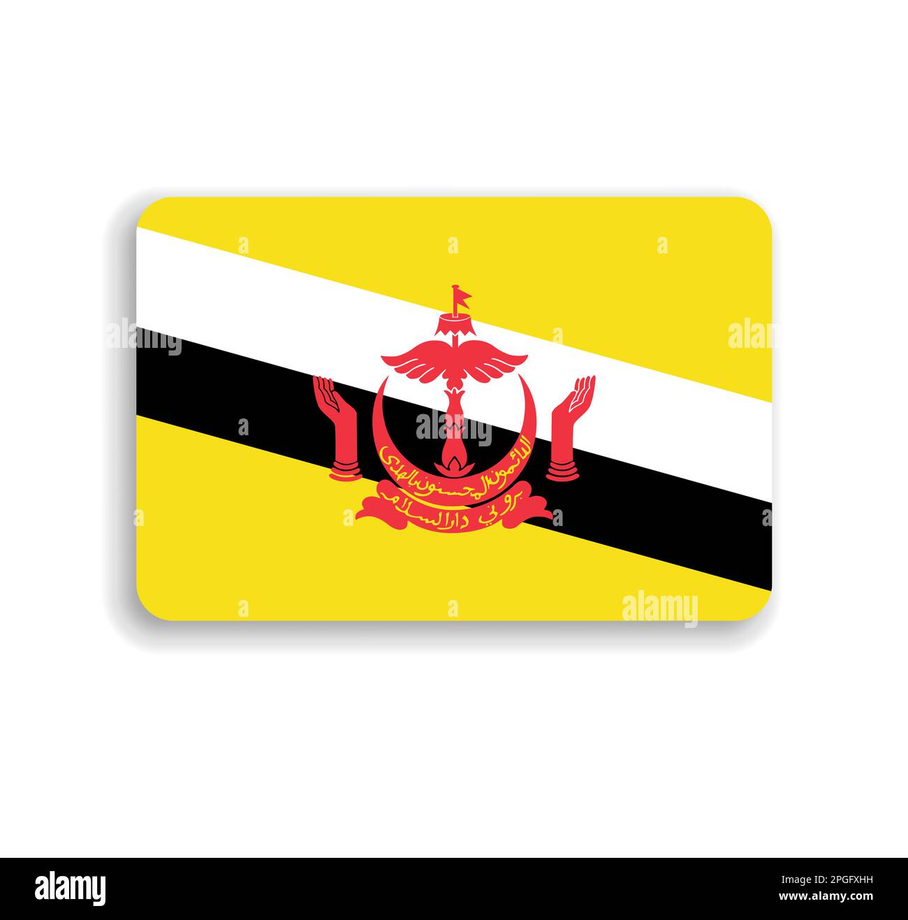 Brunei flag - flat vector rectangle with rounded corners and dropped shadow. Stock Vector