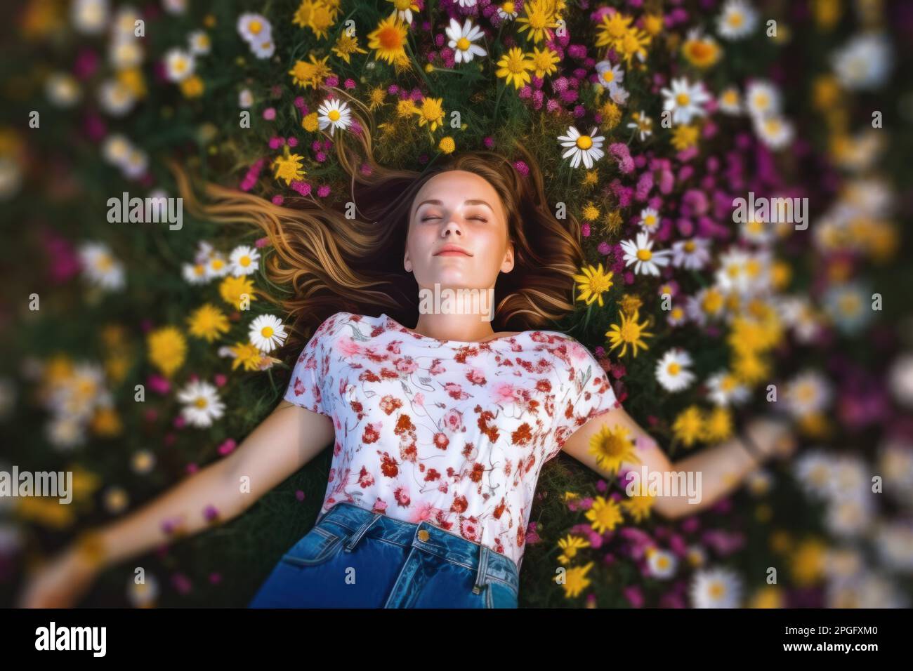 young pretty woman laying down in a field full of spring flowers. Generative ai Stock Photo