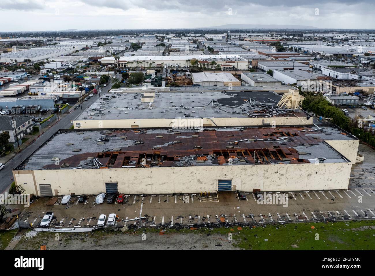 Damage to a building is seen on Wednesday, March 22, 2023 in Montebello