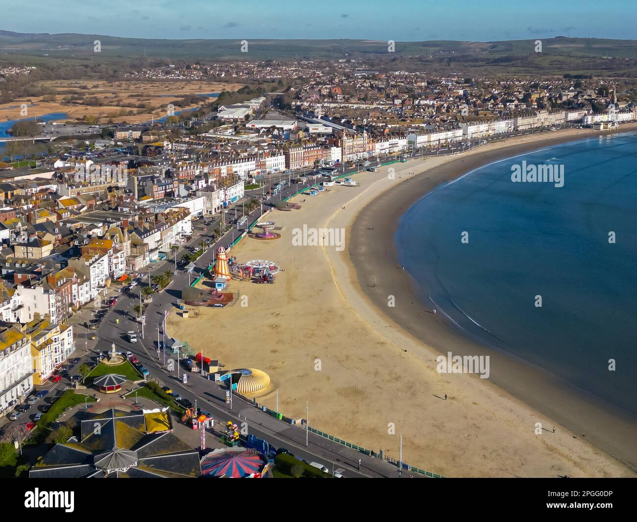 Aerial view of the beach at the seaside resort of Weymouth in Dorset