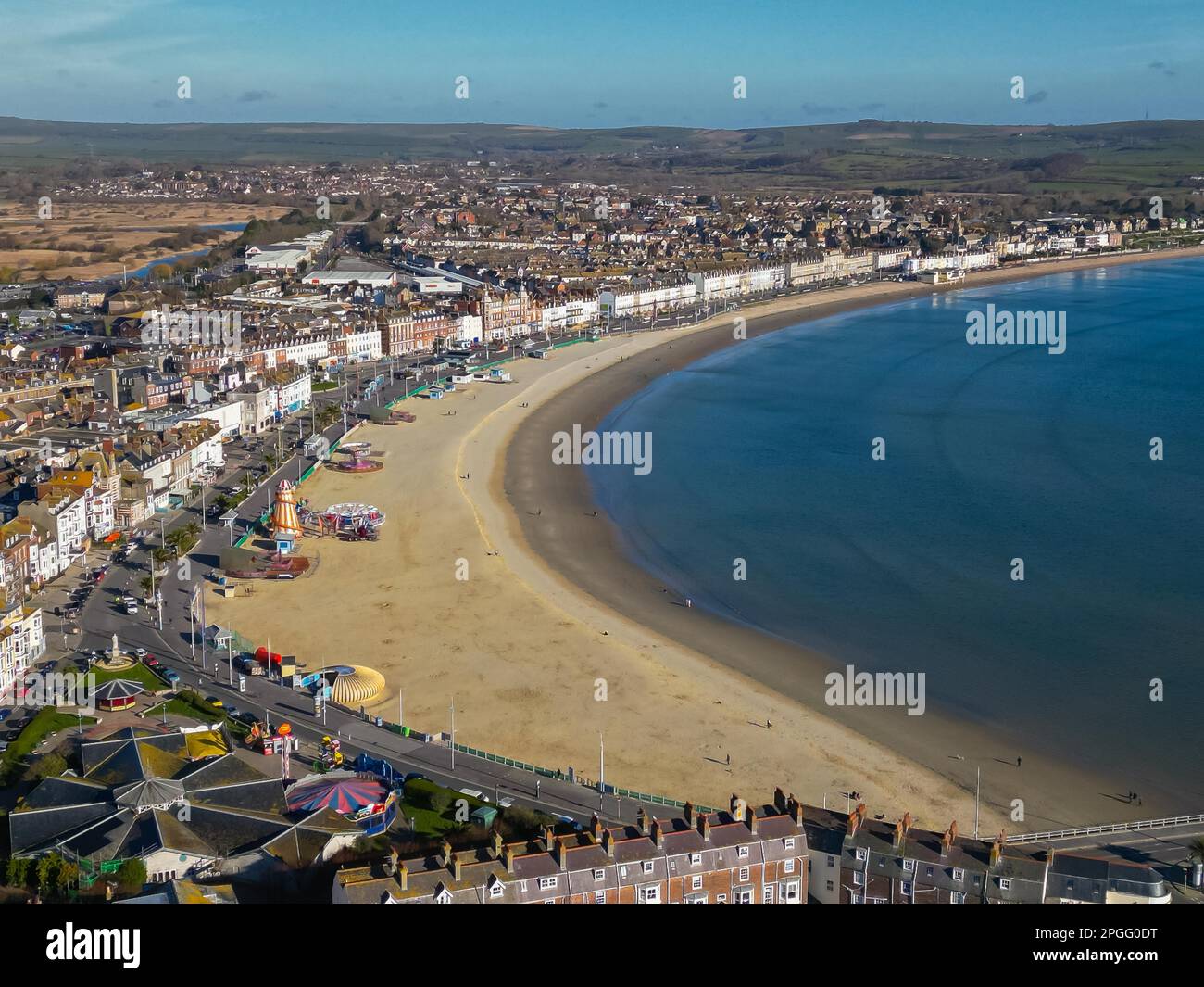 Aerial view of the beach at the seaside resort of Weymouth in Dorset