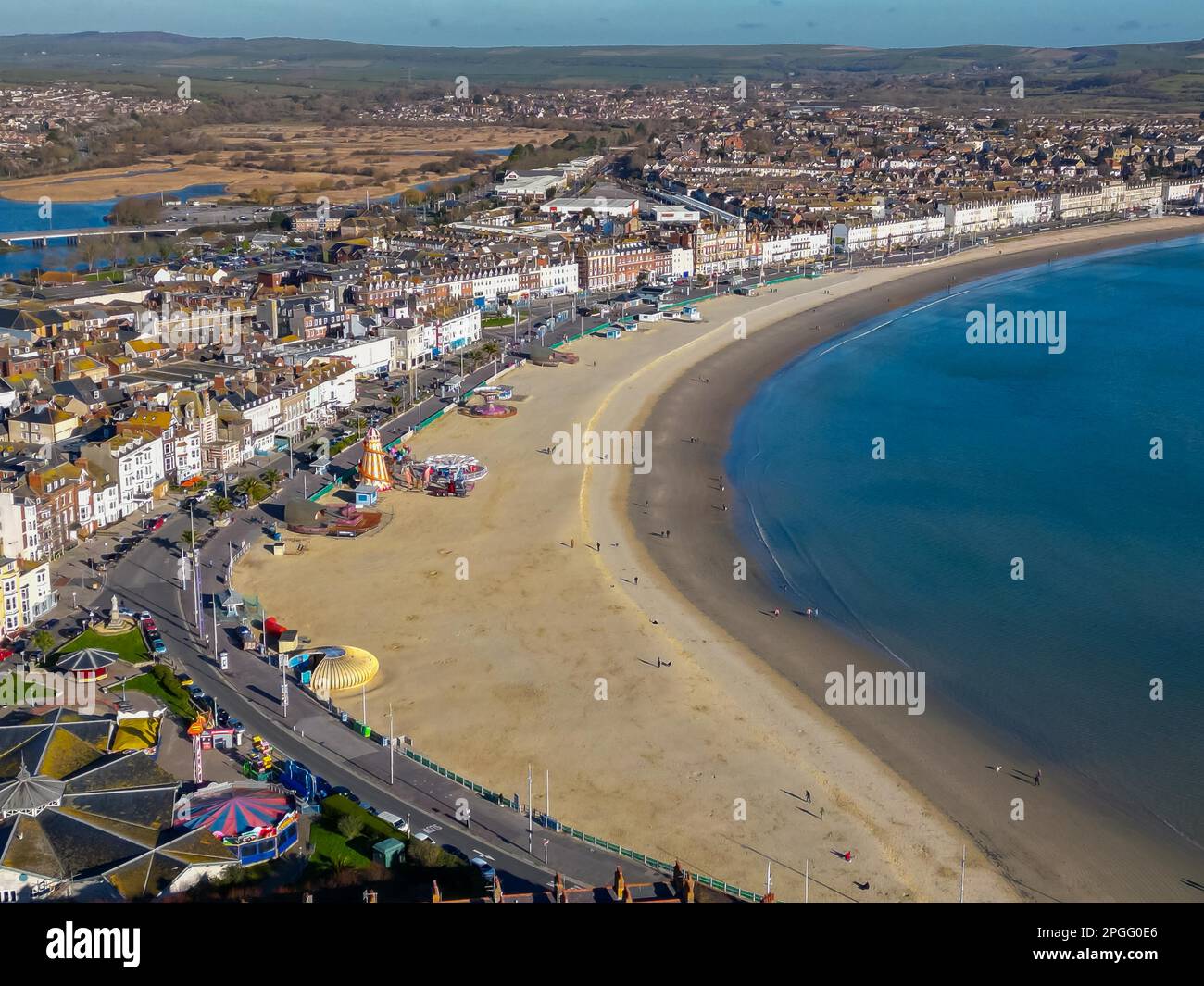 Aerial view of the beach at the seaside resort of Weymouth in Dorset ...