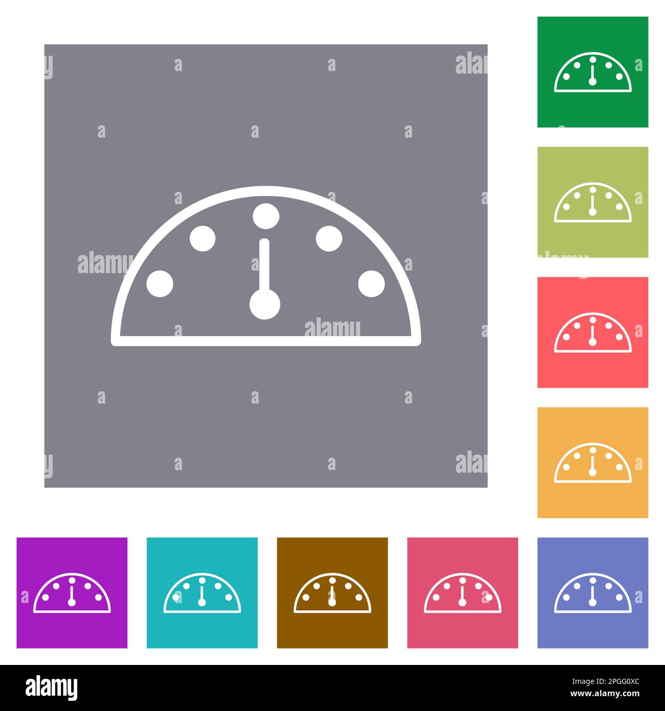 Speedometer outline flat icons on simple color square backgrounds Stock Vector