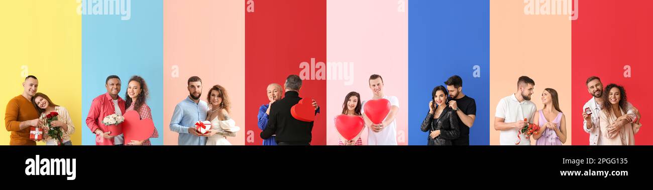Set of happy couples on color background Stock Photo