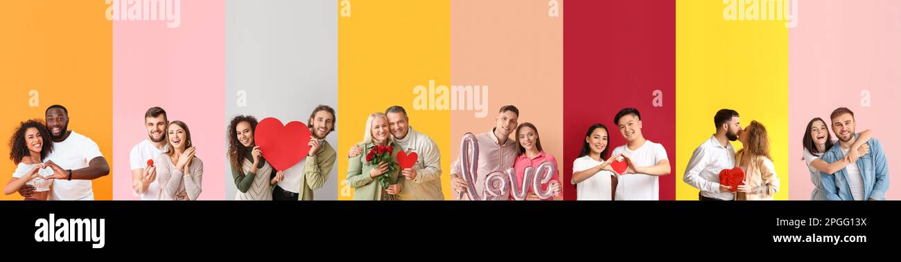 Collection of happy couples on color background Stock Photo
