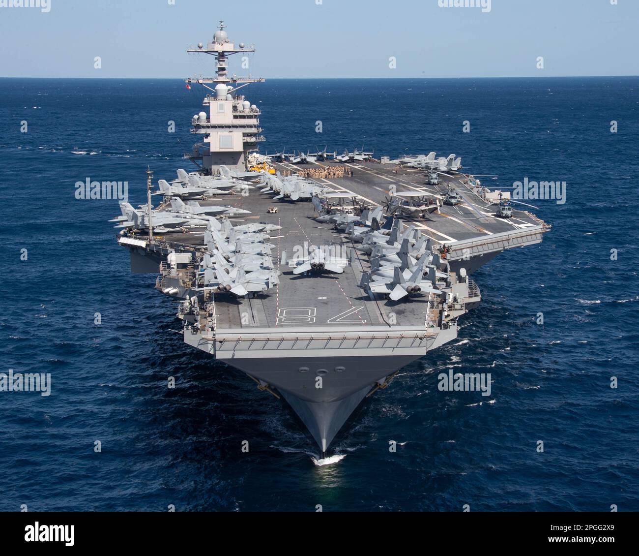 The first-in-class aircraft carrier USS Gerald R. Ford (CVN 78) transits  the Atlantic Ocean, March 19, 2023. Ford is underway in the Atlantic Ocean  executing its Composite Training Unit Exercise (COMPTUEX), an