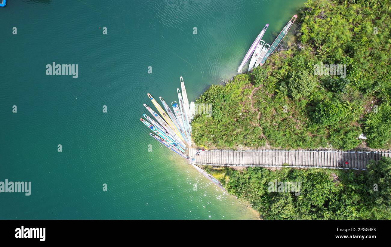 A peaceful shot of a concrete jetty, situated at Lubok Antu Dam in Sri Aman, Malaysia Stock Photo