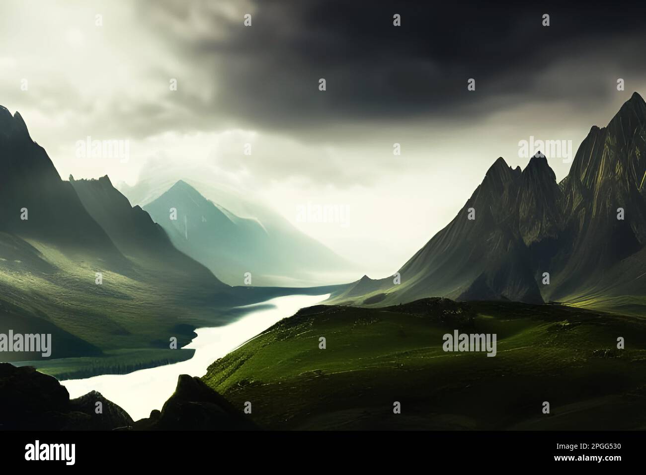 Remote rugged mountain range depiction. Edited AI generated image Stock Photo