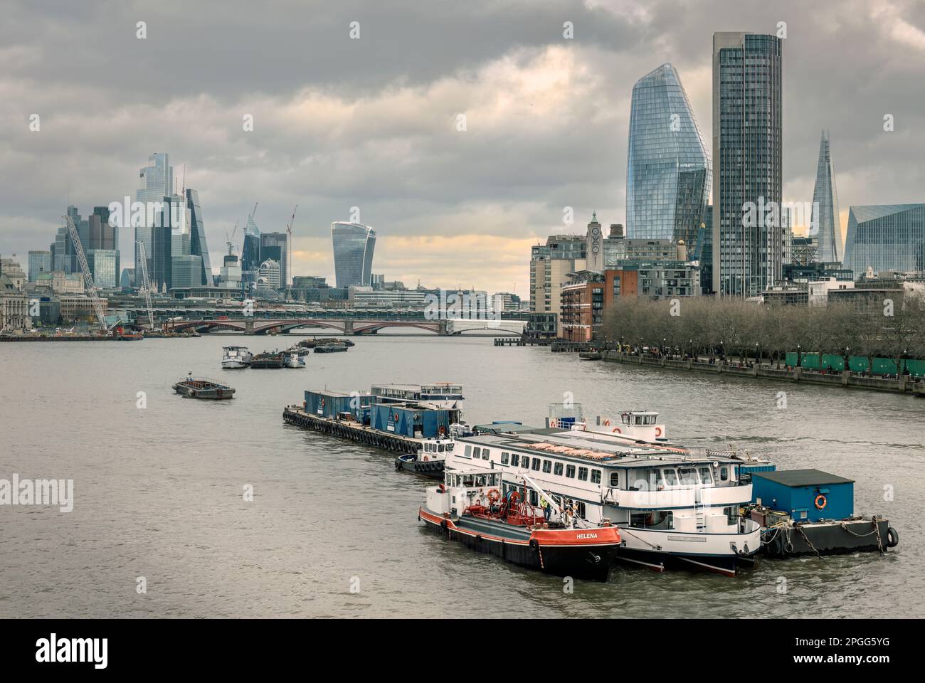 The River Thames from Waterloo Bridge, looking towards Blackfriars Bridge showing some of the iconic buildings on the London skyline. Stock Photo