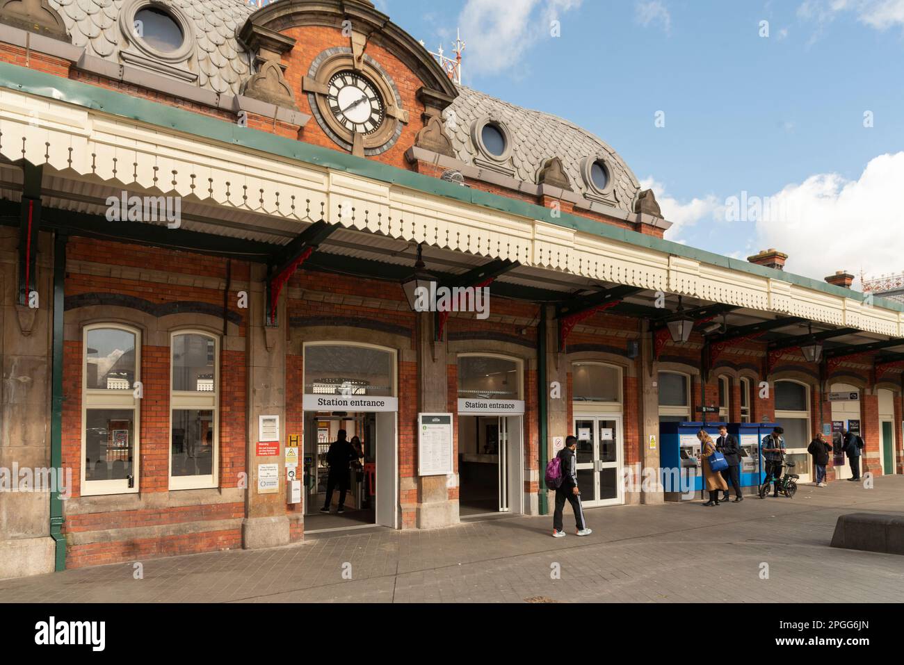 Slough, Buckinghamshire, England, UK.2023. Slough railway station forecourt and entrance to the