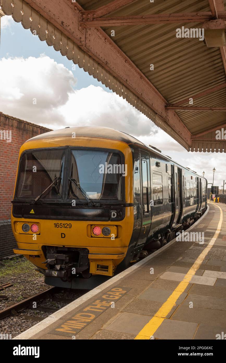 Windsor, Berkshire, England, UK. 2023. Passenger train standing at Windsor and Eton Central Station where it arrived from Slough a six minute journey. Stock Photo