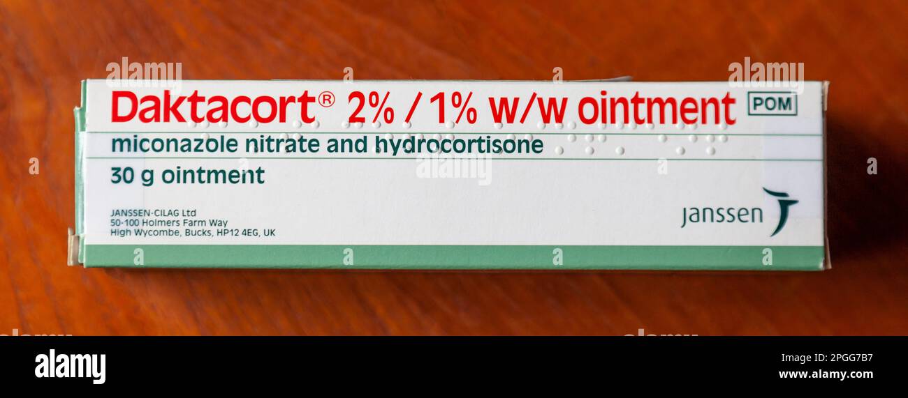 Stock photo of a box of Daktacort, an ointment containing 1% hydrocortisone with 2% miconazole. Manufactured by Janssen-Cilag Ltd. Stock Photo