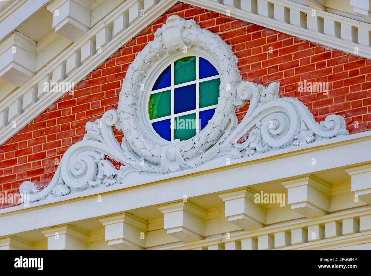 Architectural detail of the George County Courthouse is pictured, March 20, 2023, in Lucedale, Mississippi. Stock Photo