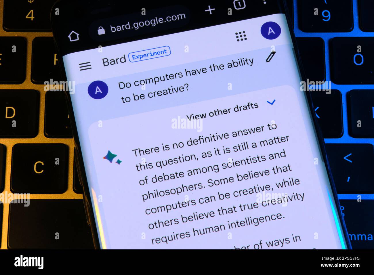 Google Bard AI chatbot. Real use of chat bot. Answering question about computers and creativity. Stafford, United Kingdom, March 22, 2023 Stock Photo