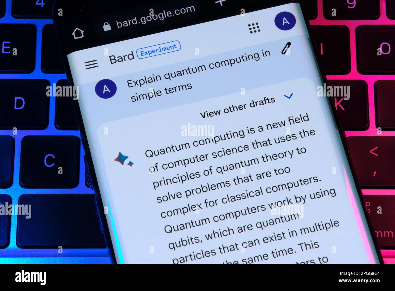 Google Bard AI chatbot. Real use of chat bot. Answering question about quantum computing. Stafford, United Kingdom, March 22, 2023 Stock Photo