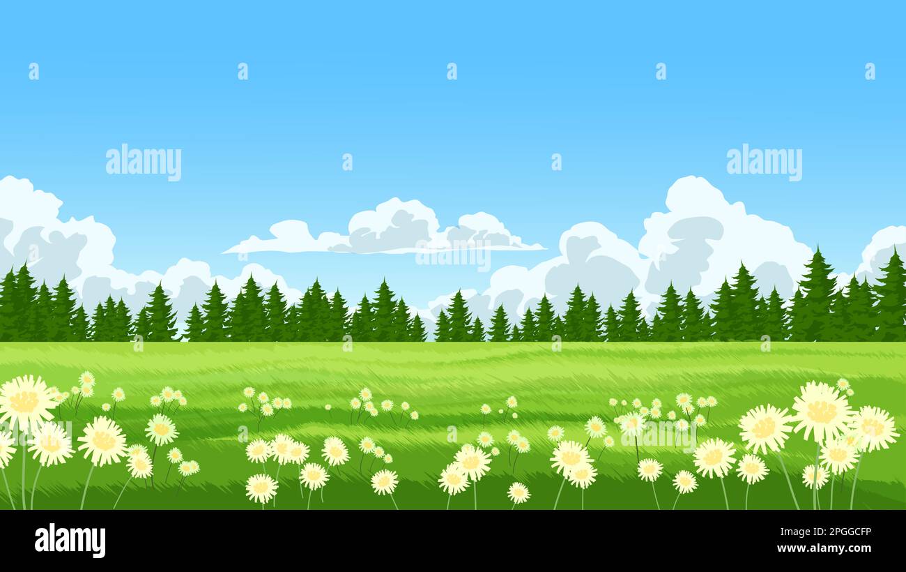 Beautiful spring landscape with flowers and pine trees Stock Vector ...