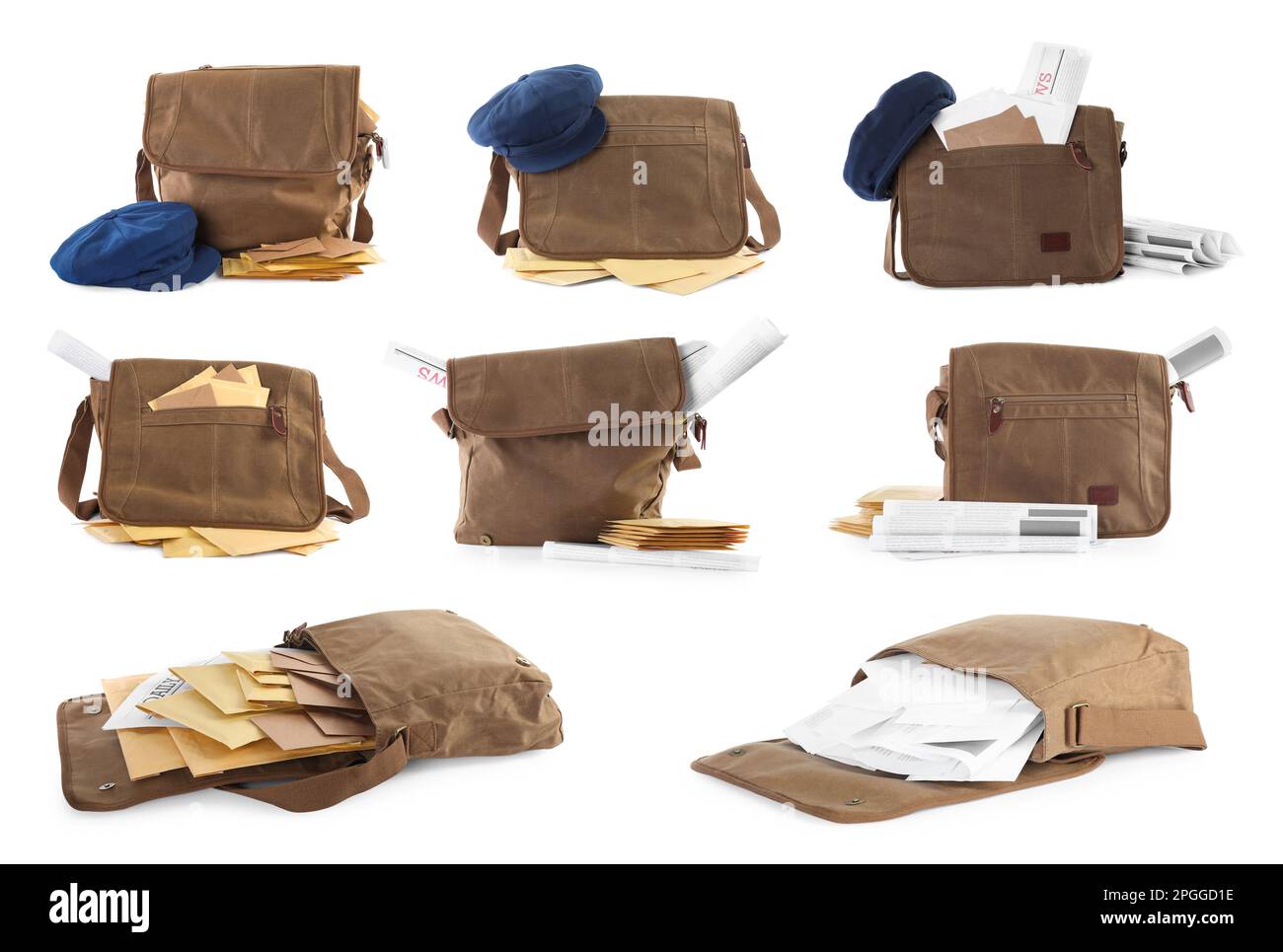 Set with different postman's bags with mails and newspapers on white