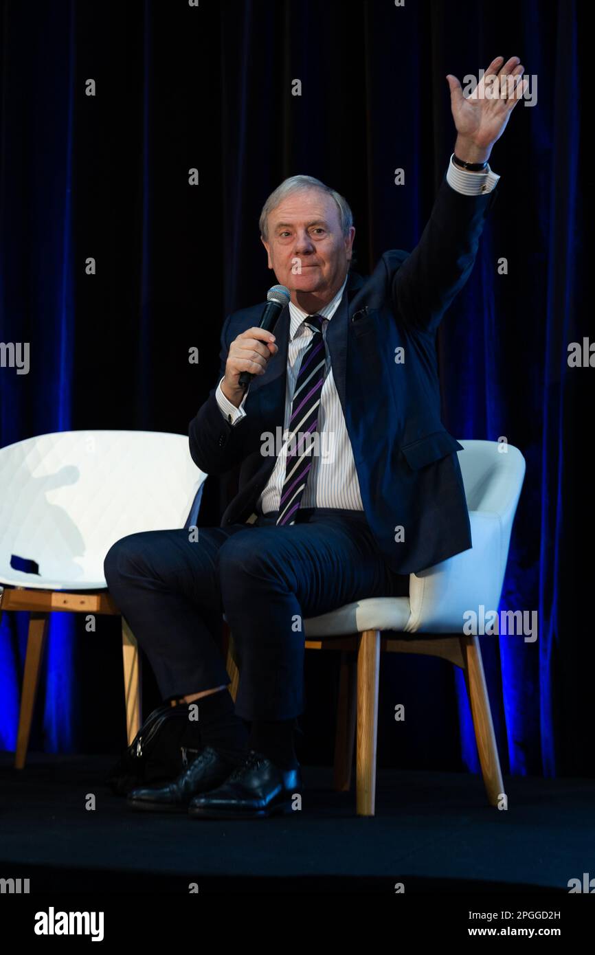 Peter Costello AC speaking at an event in Melbourne, March 2023 Stock Photo