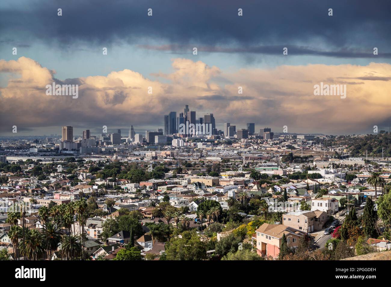 Hilltop view of downtown Los Angeles California with storm clouds. Stock Photo