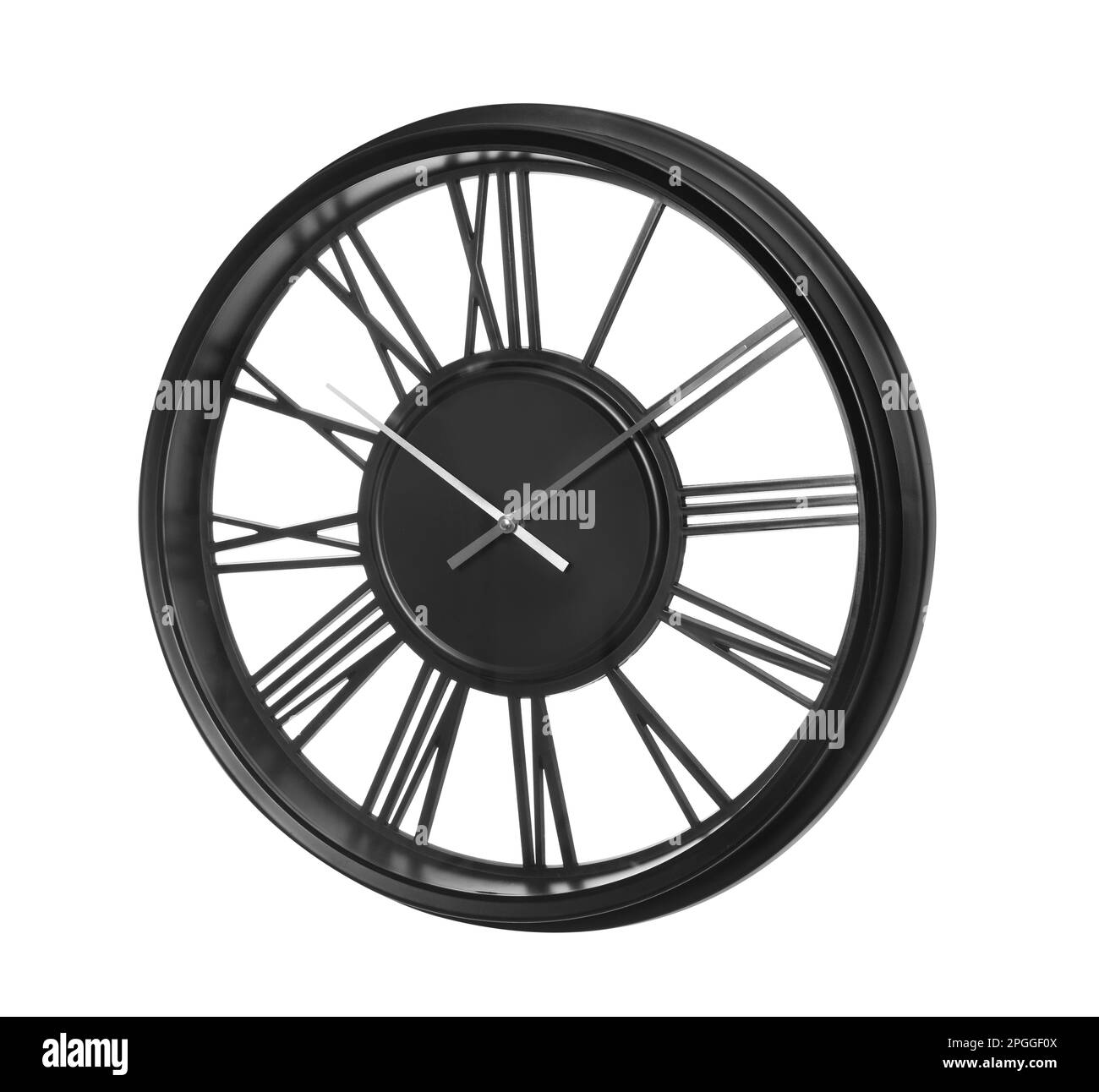 Modern black clock with Roman numerals isolated on white Stock Photo