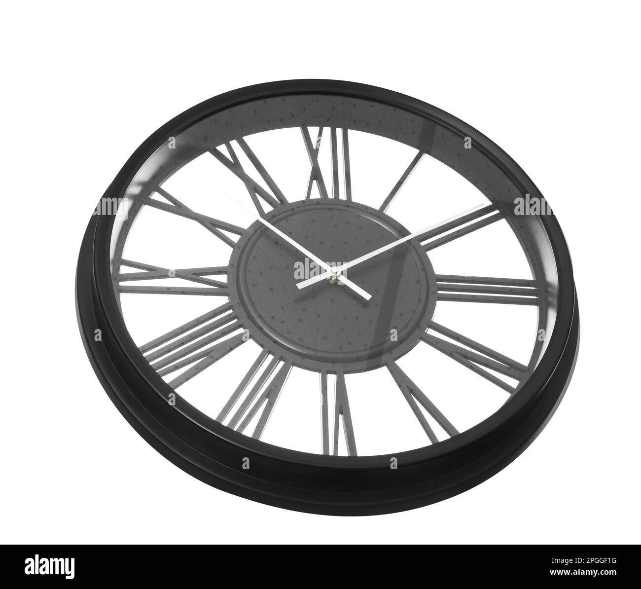 Modern black clock with Roman numerals isolated on white Stock Photo