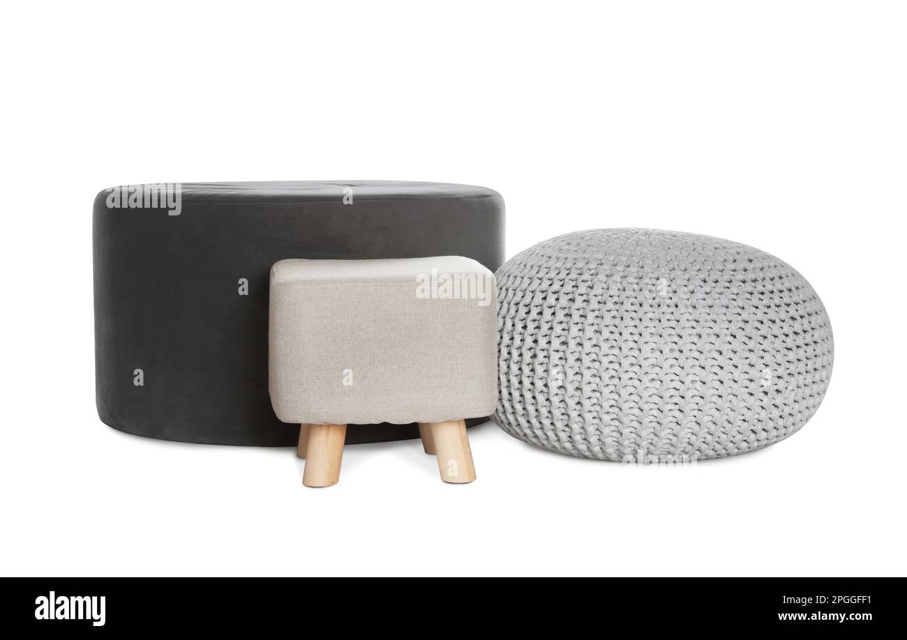 Different poufs on white background. Home design Stock Photo