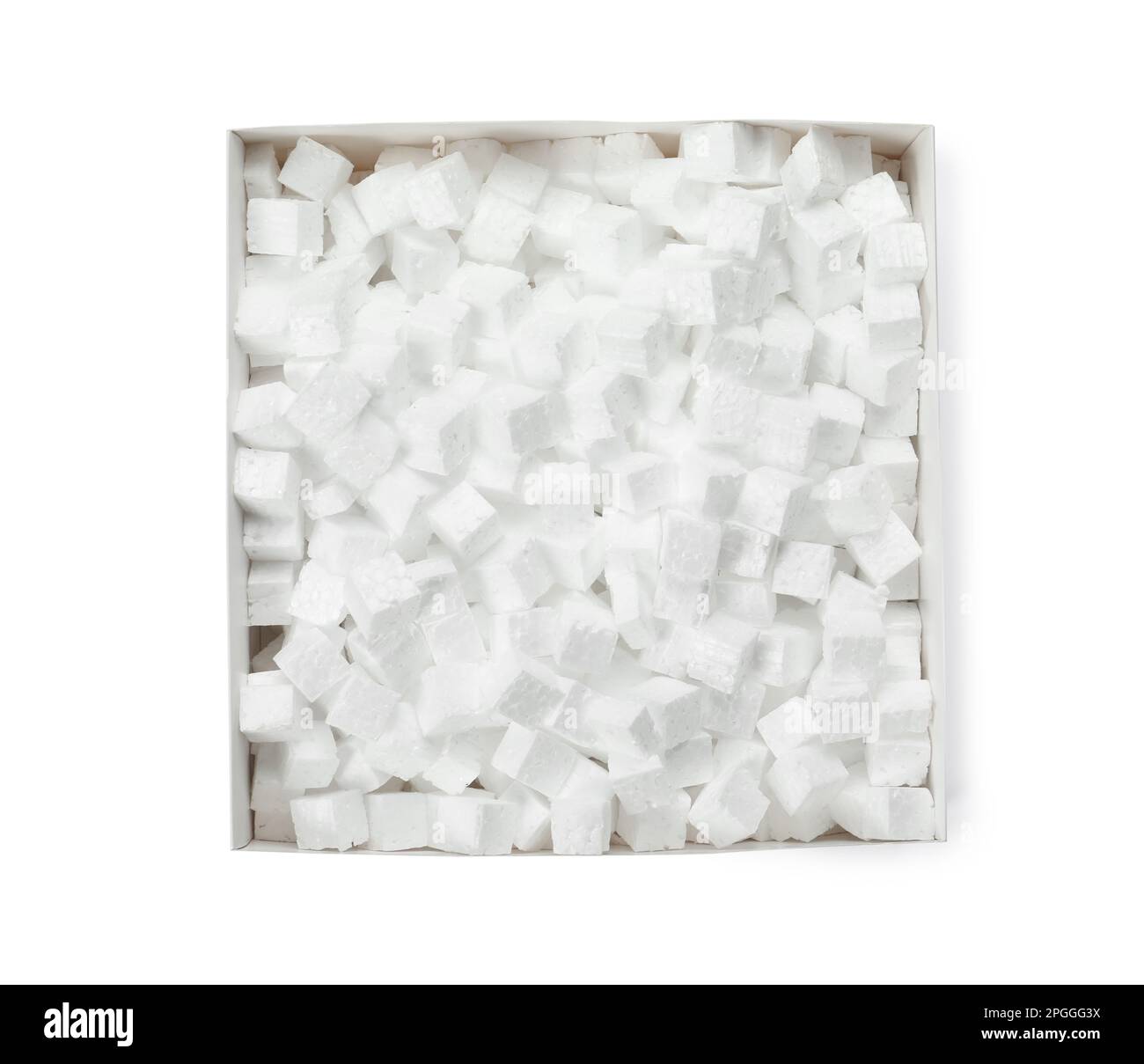 Cardboard box with styrofoam cubes isolated on white, top view Stock