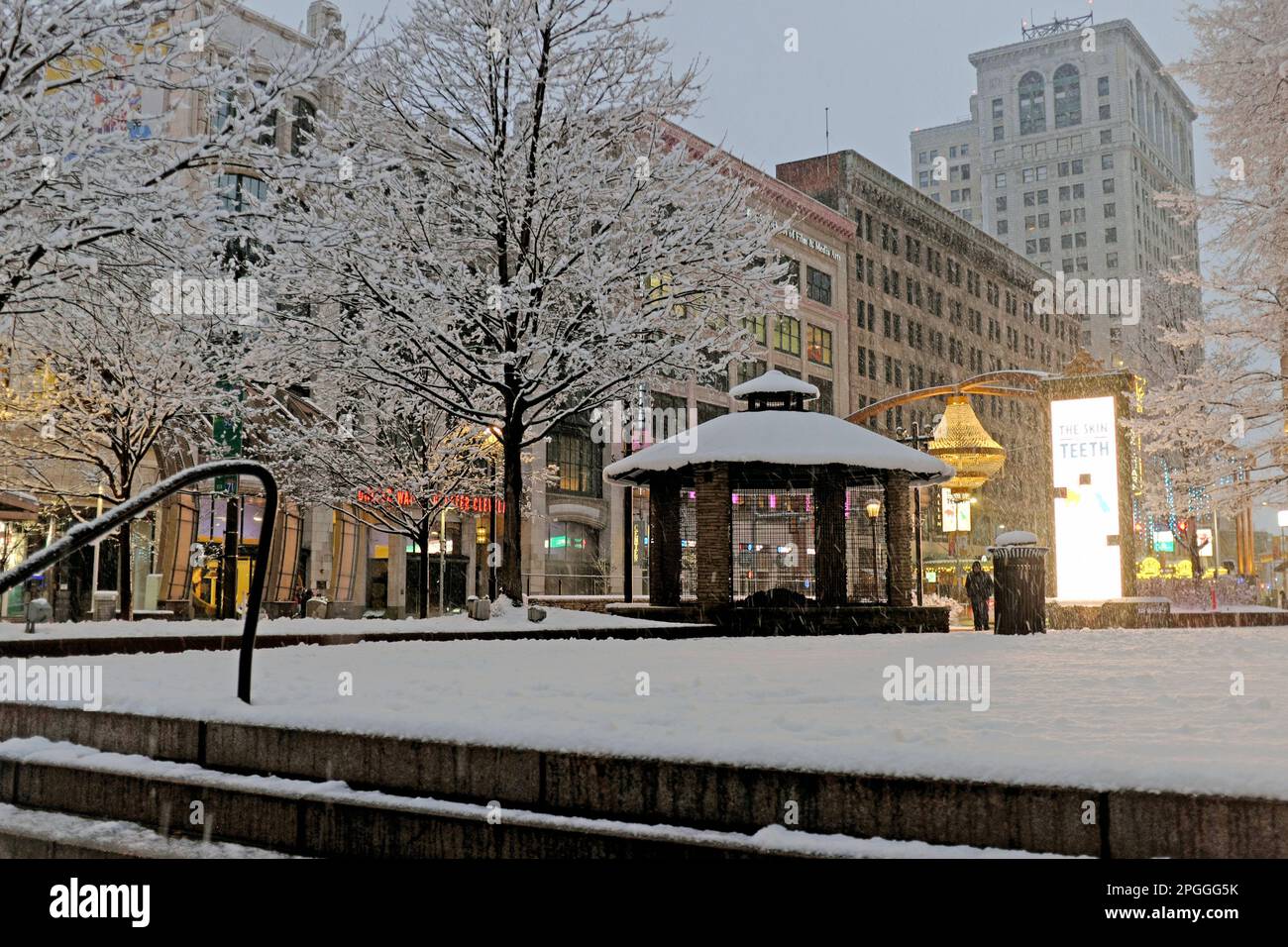 Snow-covered US Bank Plaza in the Theater District of Playhouse Square in Cleveland, Ohio, on January 22, 2023. Stock Photo