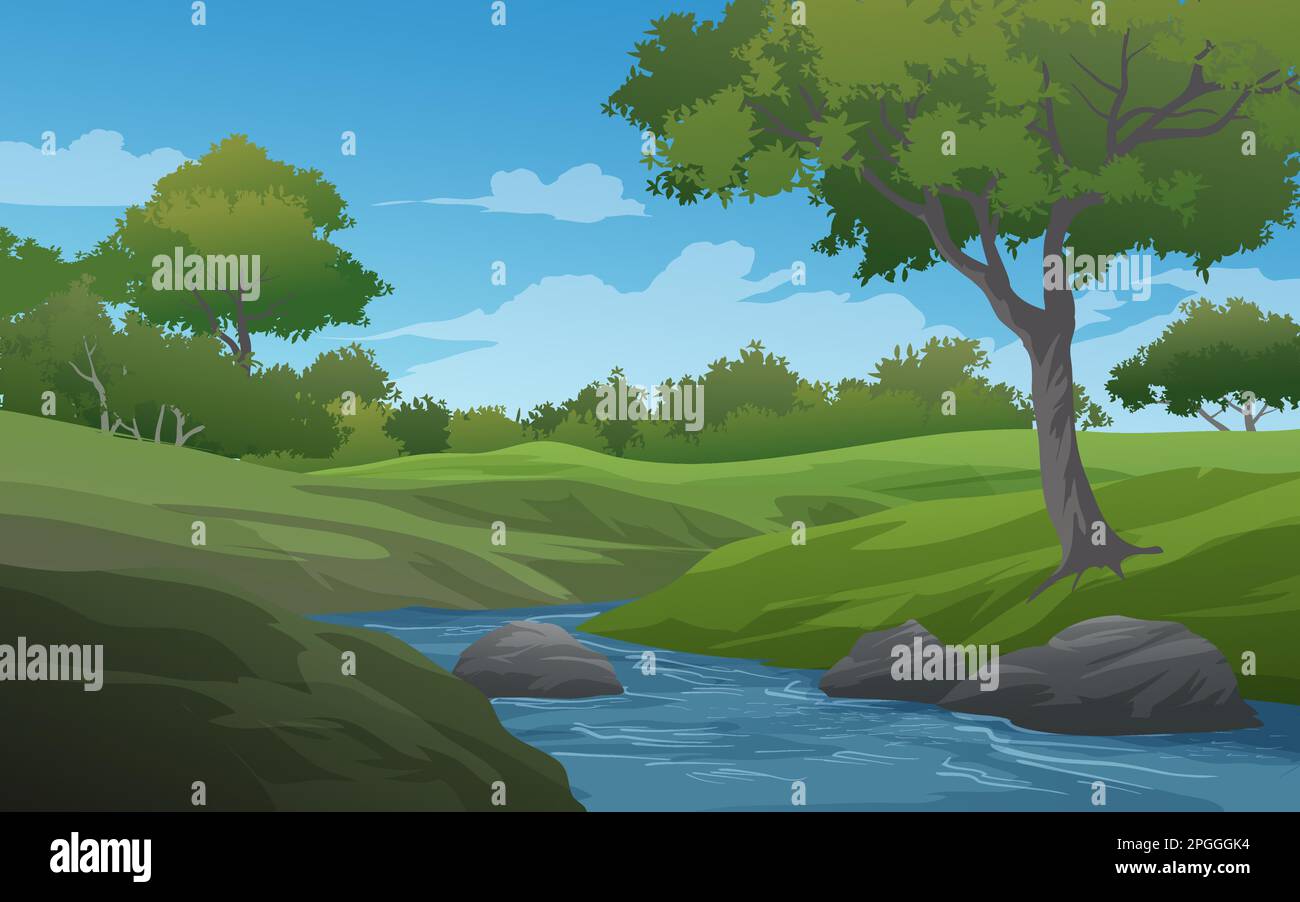 Beautiful woodland scenery with river Stock Vector