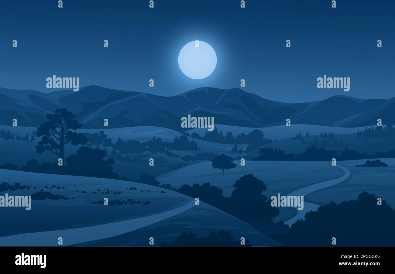 Calm night landscape in countryside with full moon Stock Vector