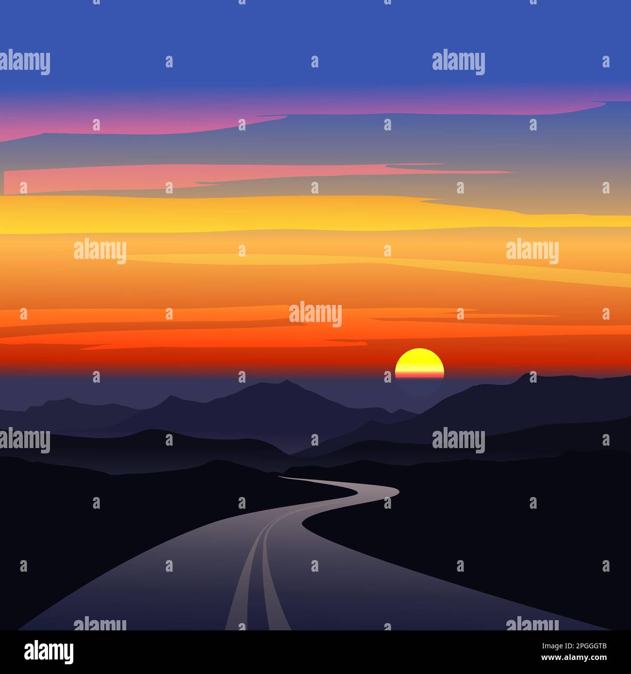 Empty desert road toward sunset. Vector illustration Stock Vector