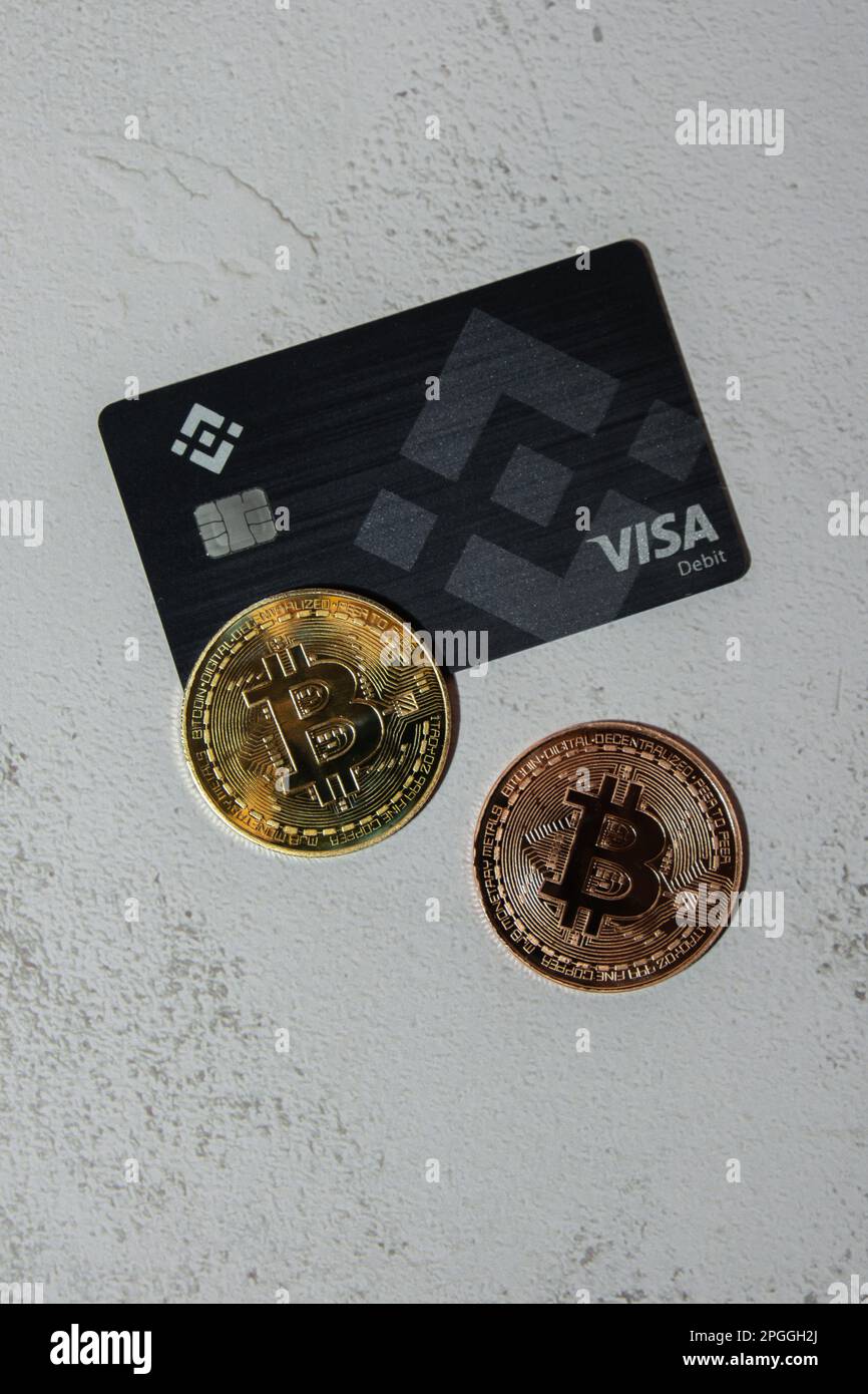 Gdansk Poland - May 2022 Bitcoin gold coin with Black Binance Card mining  trading concept. Visa debit card BNB, Binance Exchange Card to buy bitcoin  BTC golden money. Worldwide virtual internet Cryptocurrency