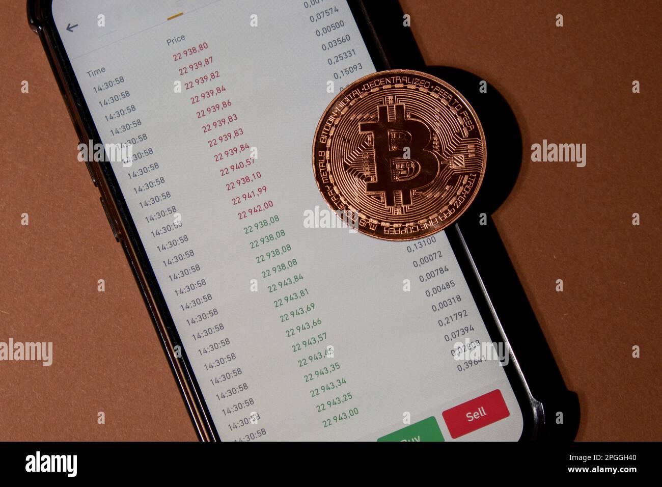 Bitcoin gold coin on background of Stock Market Chart. Bitcoin mining trading concept. BTC golden money. Worldwide virtual internet Cryptocurrency or crypto digital payment system. Digital coin money farm in digital cyberspace Stock Photo