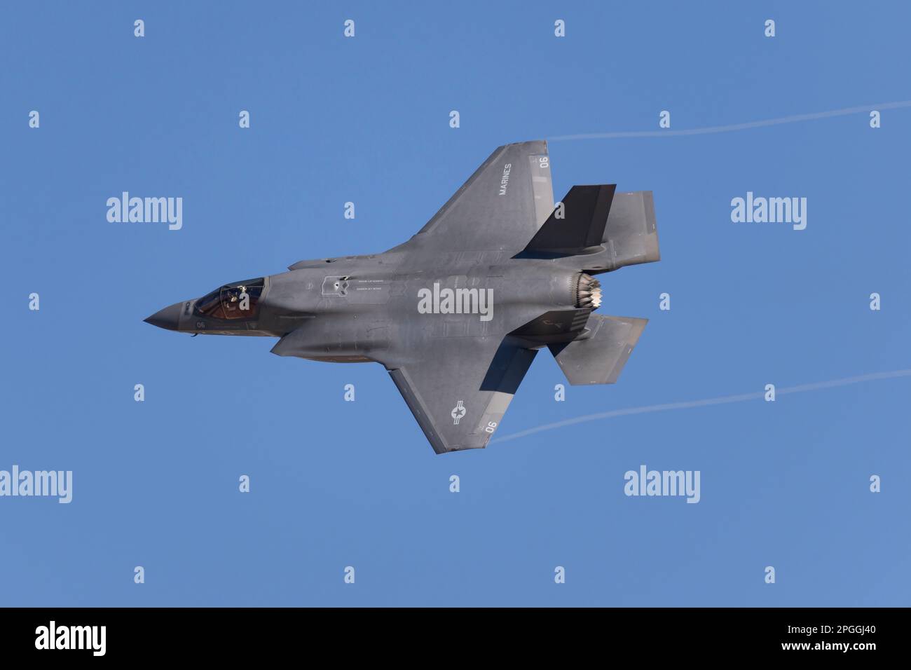 Las Vegas, NV - January 23, 2023: F-35 Fighter Jet Banks Left After Take-Off During the Red Flag 23-1 Exercise at Nellis AFB. Stock Photo