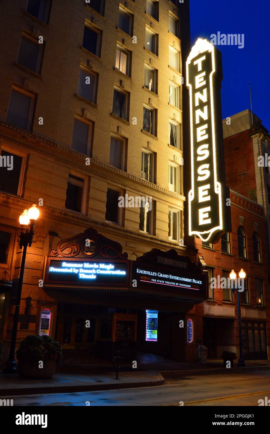 The marquee for the historic Tennessee Theater, in Knoxville, is illuminated at night and is the center for performing arts in the city Stock Photo