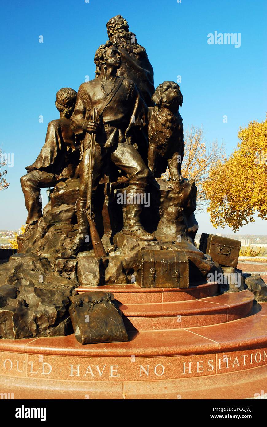 A sculpture that honors the Corp of Discovery, an expedition led by Lewis and Clark, stands in a park in Kansas City Stock Photo