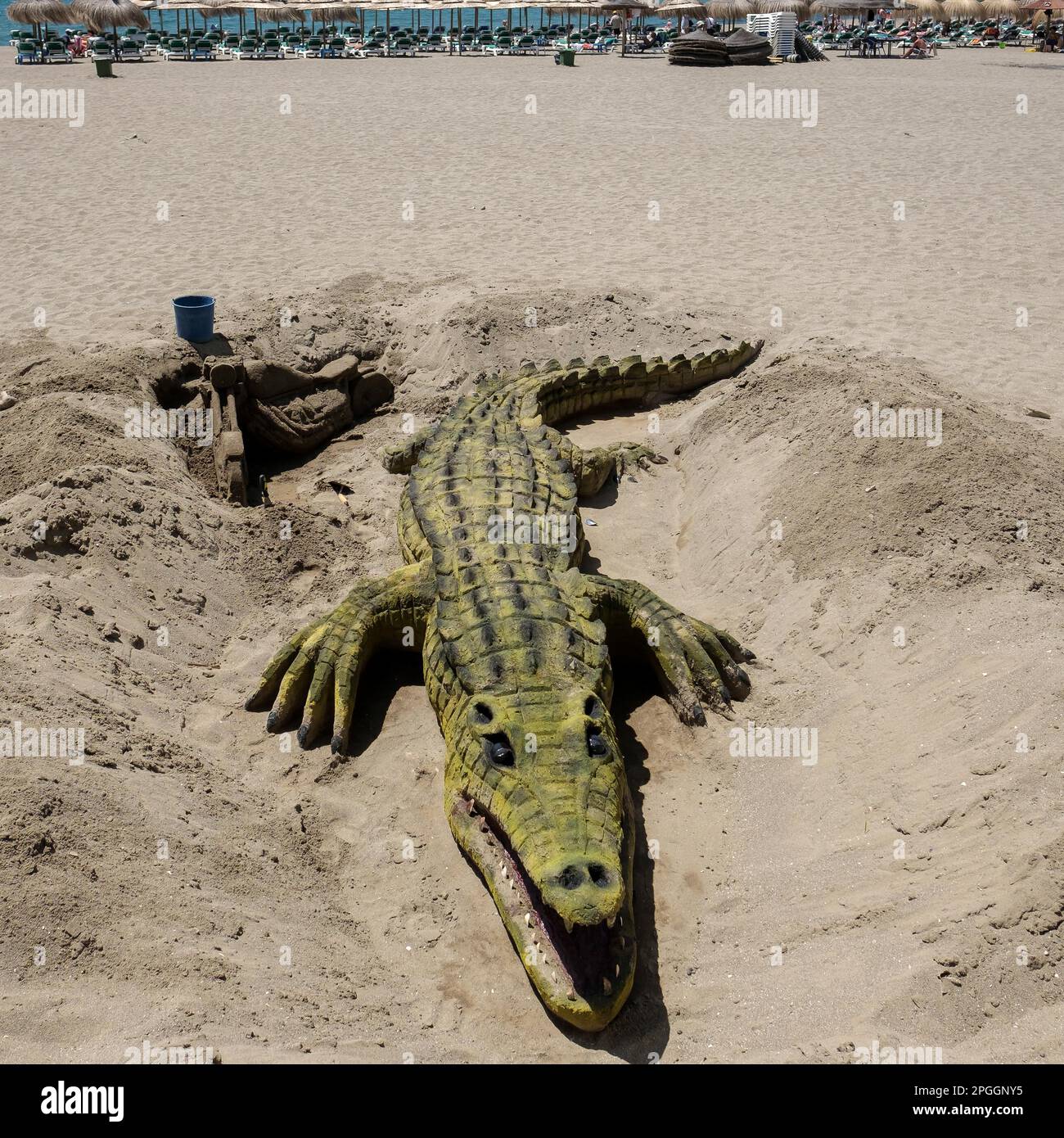 Crocodile Sand Sculpture on the Beach in Marbella Stock Photo