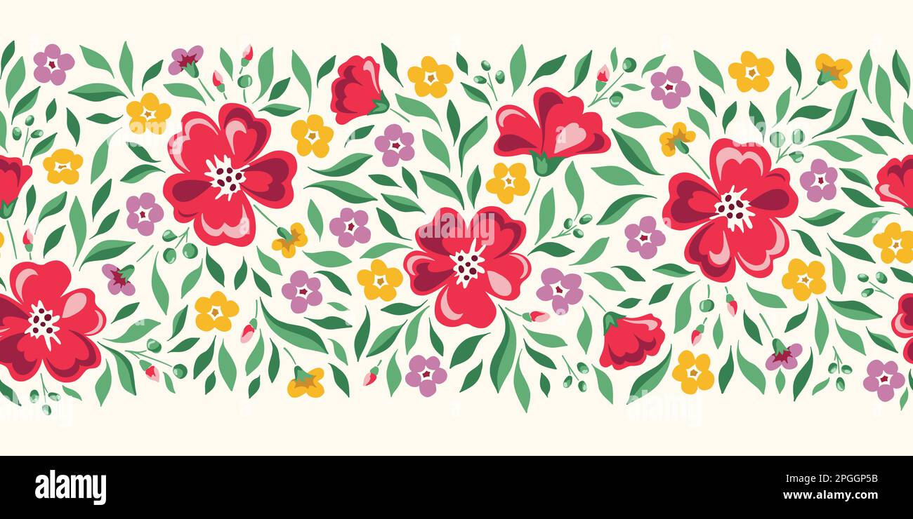 Delicate Chintz Romantic Meadow Wild Flowers Horizontal Vector Seamless Pattern Border Stock Vector