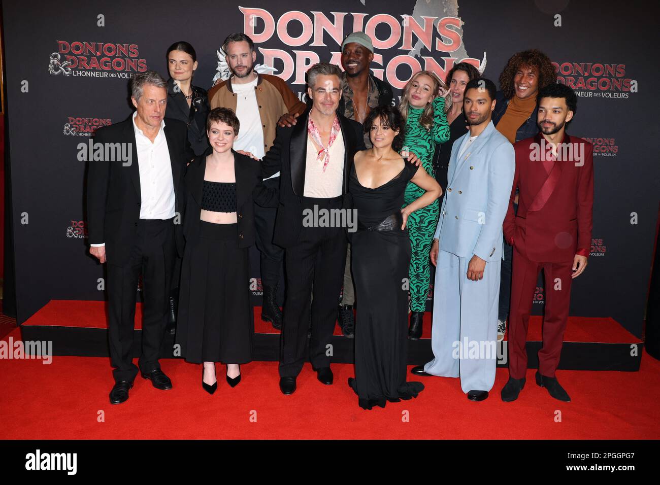 Paris, France. 22nd March, 2023. Hugh Grant, Sophia Lillis, Chris Pine, Michelle Rodriguez, Regé-Jean Page and Justice Smith, Olga Khokhlova, Cyril, Moussa, Cindy Poumeyrol, Clémence Castel and Laurent Maistret attends Dungeons & Dragons Premiere held at Grand Rex on March 22, 2023 in Paris, France. Photo by Jerome Dominé/ABACAPRESS.COM Credit: Abaca Press/Alamy Live News Stock Photo