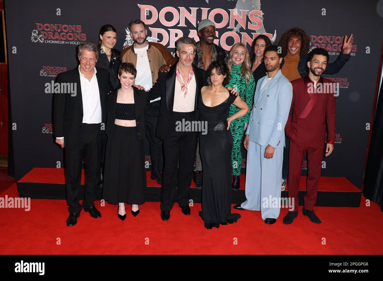 Paris, France. 22nd March, 2023. Hugh Grant, Sophia Lillis, Chris Pine, Michelle Rodriguez, Regé-Jean Page and Justice Smith, Olga Khokhlova, Cyril, Moussa, Cindy Poumeyrol, Clémence Castel and Laurent Maistret attends Dungeons & Dragons Premiere held at Grand Rex on March 22, 2023 in Paris, France. Photo by Jerome Dominé/ABACAPRESS.COM Credit: Abaca Press/Alamy Live News Stock Photo
