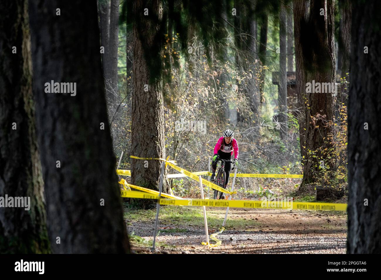 WA24090-00....Washington - Senior citizen Vicky Spring (69) compeating in a cyclocross race in Western Washington. Vicky in pink. Stock Photo